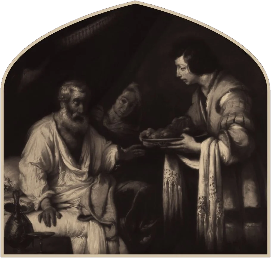 Painting of Jacob presenting a dish to Isaac while Rebekah watches